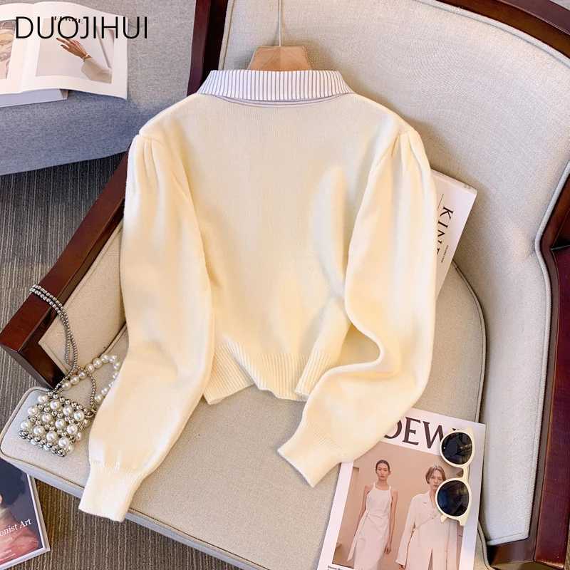 DUOJIHUI Polo Neck Fake Two Piece Sweater Women Cardigan Basic Simple Casual Spell Color Fashion Single Breasted Female CardiganT251101