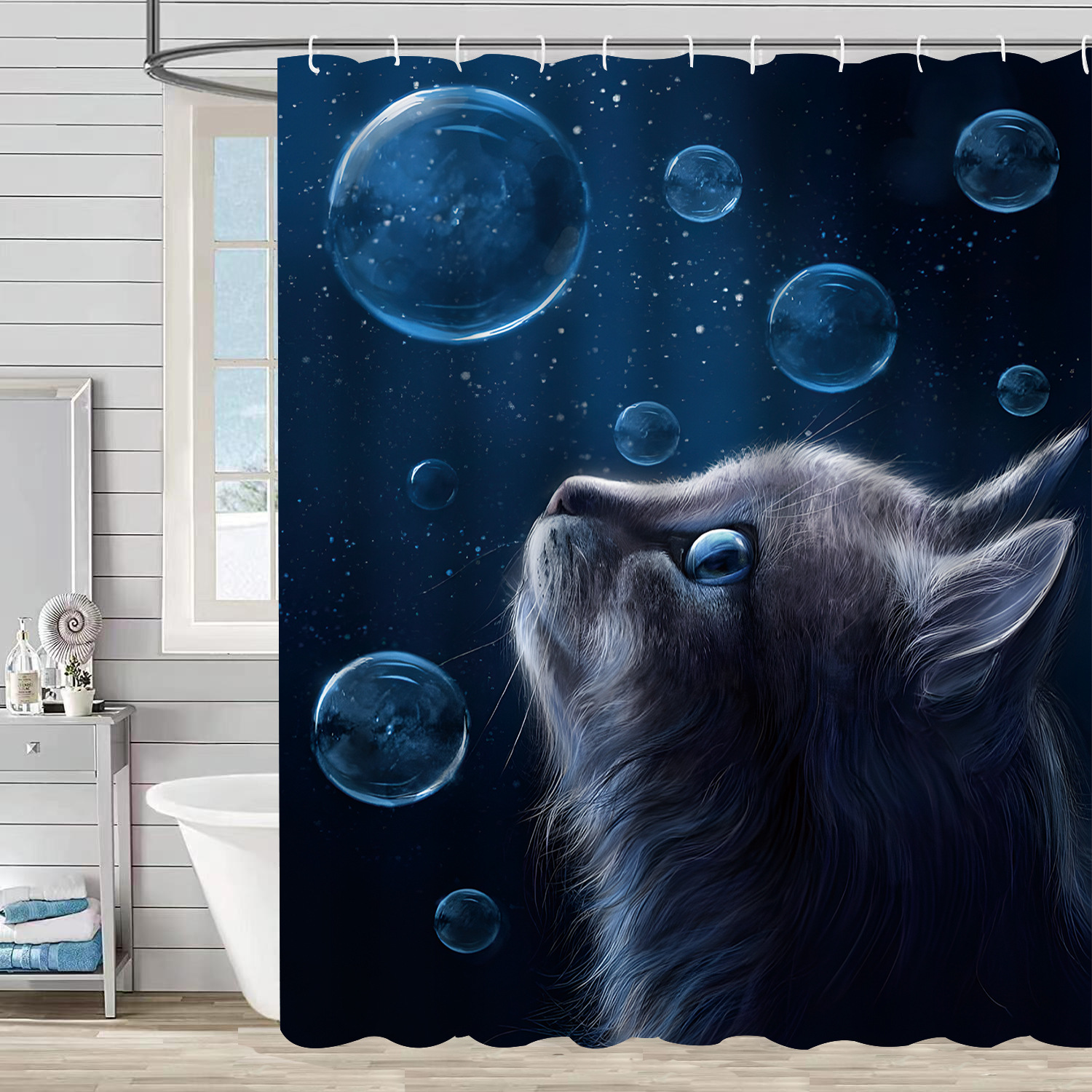 YL-37604 3D Digital Shower Curtain for Kitty Bathing, Bathroom Dry and Wet Separation, Polyester with Hooks, Isolation Curtain