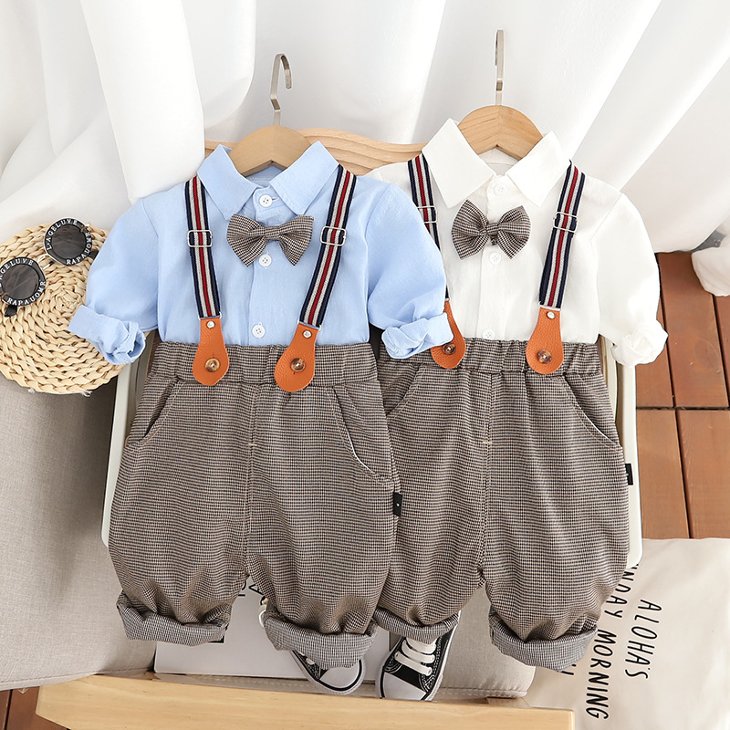 kids clothes 2025 New Toddler Boys Suspenders Outfit Solid Color Long Sleeve Shirt & Overalls 2-Piece Set Cute Fall Clothes