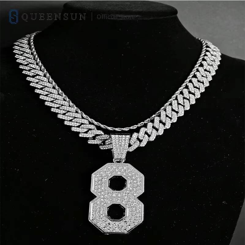 Queensun Mens Hip Hop Cuban Chain Pendant Necklace All Ice VVS Moissanite Cultivated Diamond Letter Pattern Hip Hop Jewelry