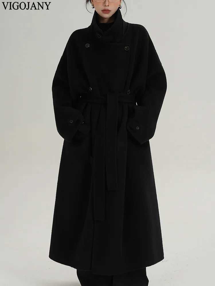 Winter Women Loose Nature 100 Wool Long Coat 2025 Casual Doublebreasted Cashmere Jacket Lady Black Long Sleeve Woolen CoatT251101