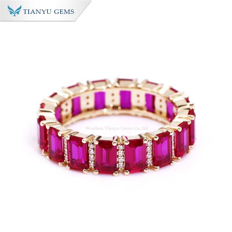 Tianyu Full Eternity Ruby Gemstone Wedding Band 3x5mm Emerald Cut Corundum Moissanite Diamond Engagement Bridal Rings