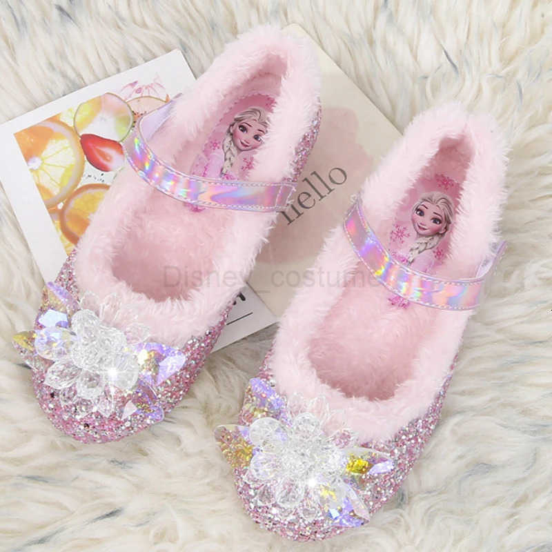 Disney Girls Plush Slippers Frozen Cute Childrens Princess Elsa Winter Cotton Slippers Baby Snow Home Pink Blue Shoes Size 23 H251101