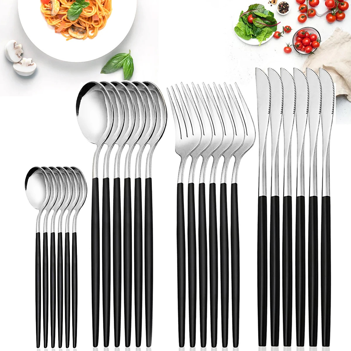 24pcs Black Western Dinnerware Set Stainless Steel Cutlery Set Fork Knife Spoon Tableware Set Flatware Set Silverware Set 250325