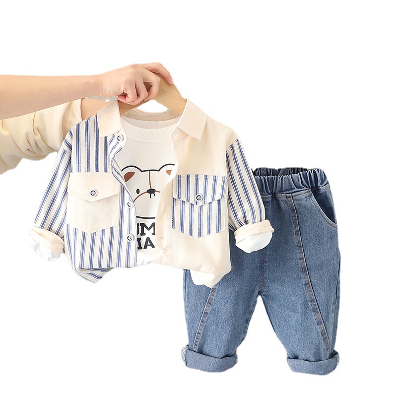 kids designer clothes 2025 Boys Shirt Set Striped Patchwork Long Sleeve Outfit Korean Style Spring Toddler Clothes