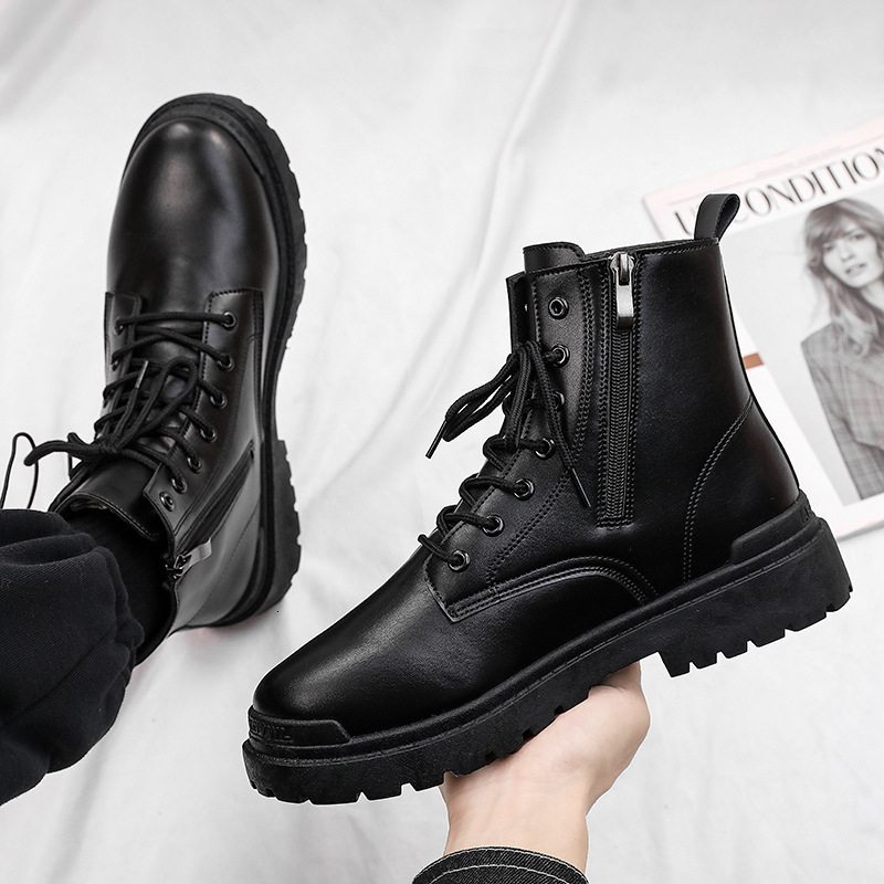 Martin boots mens spring new high cut thick soled motorcycle workwear boots black leather shoes mens trendy British style boots 240615