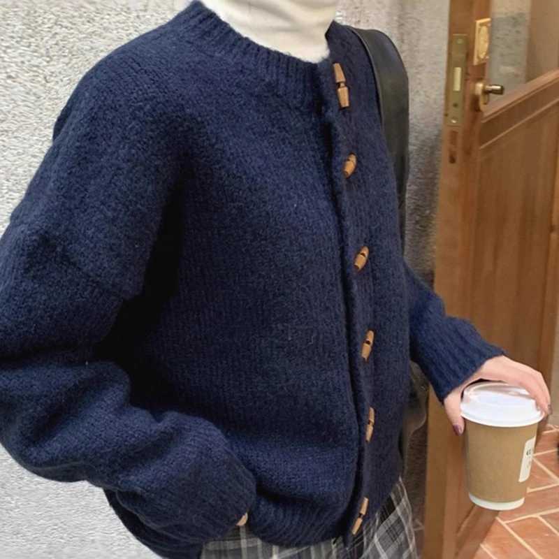 Retro Horn Button Sweater Cardigans Women Korean Round Neck Long Sleeve Knit Cardigan Woman 2025 Solid Color Warm Jumpers FemaleT251101