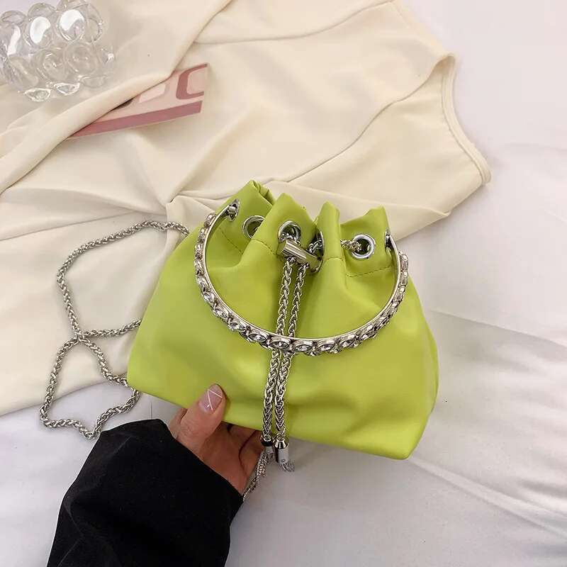 Trendy Korean Small Bucket Fine Crystal Inlay Handle Handbags For Women Chain Shoulder Bag Fashion Pink White Green Clutches