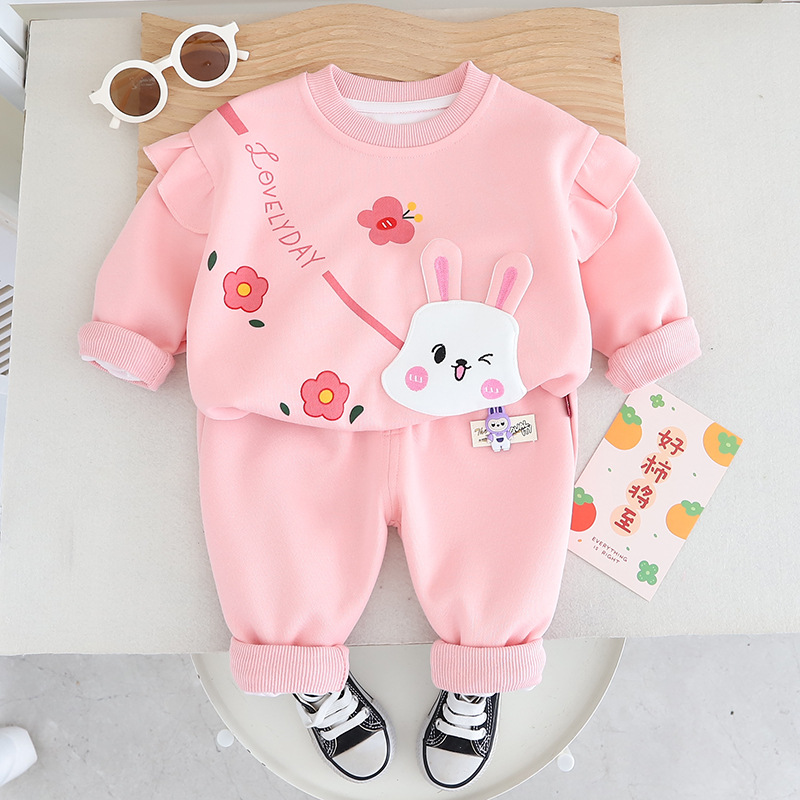 girls clothes 2025 Girls Bunny Hoodie Set 2-Piece Cartoon Print Tracksuit Casual Sports Style Comfortable Spring Fall Outfit
