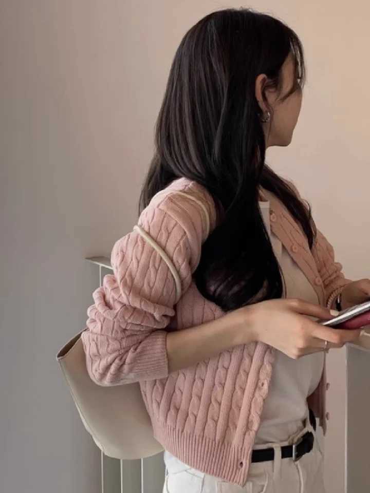 Twisted Flower Pink Cute Cardigan Sweater Woman ONeck Long Sleeve Single Breasted Cotton Outerwear Autumn Casual Loose SweatersT251101