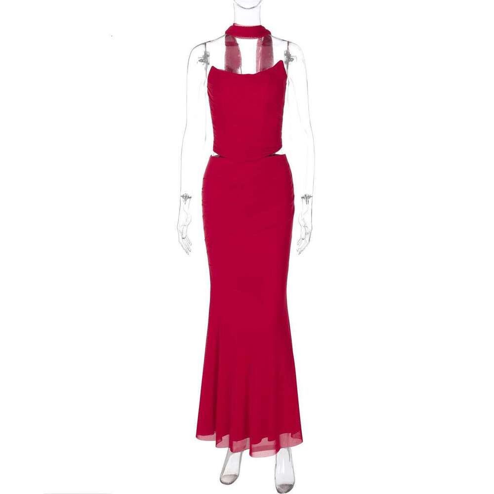Amazon Cross-Border New Sexy Double-Layer Mesh Tube Top Slim Fit Bodycon Elegant Long Skirt Two-Piece Set 3dcb