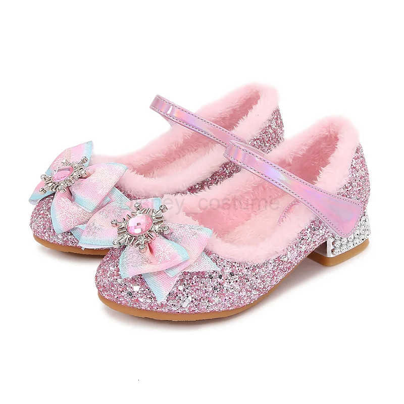 Disney Elsa Girls High Heel Bowknot Blue Pink Fashion Childrens Girl Crystal Princess Warm Winter Shoes Gift Size 2336 H251101
