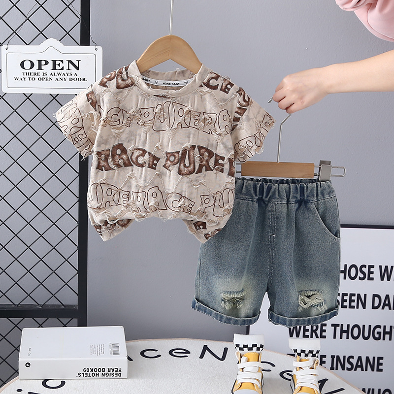 boys designer clothes 2025 Summer Boys Outfit Set Distressed T-shirt & Shorts 2 Piece Set Fashion Breathable Toddler Clothes