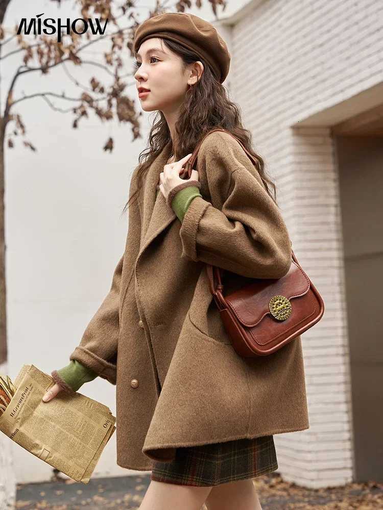 MISHOW Womens Handmade Doublesided Mid Length Woolen Coat 2023 Winter Vintage Double Breasted Short Wool Outerwear MXC52W0210T251101