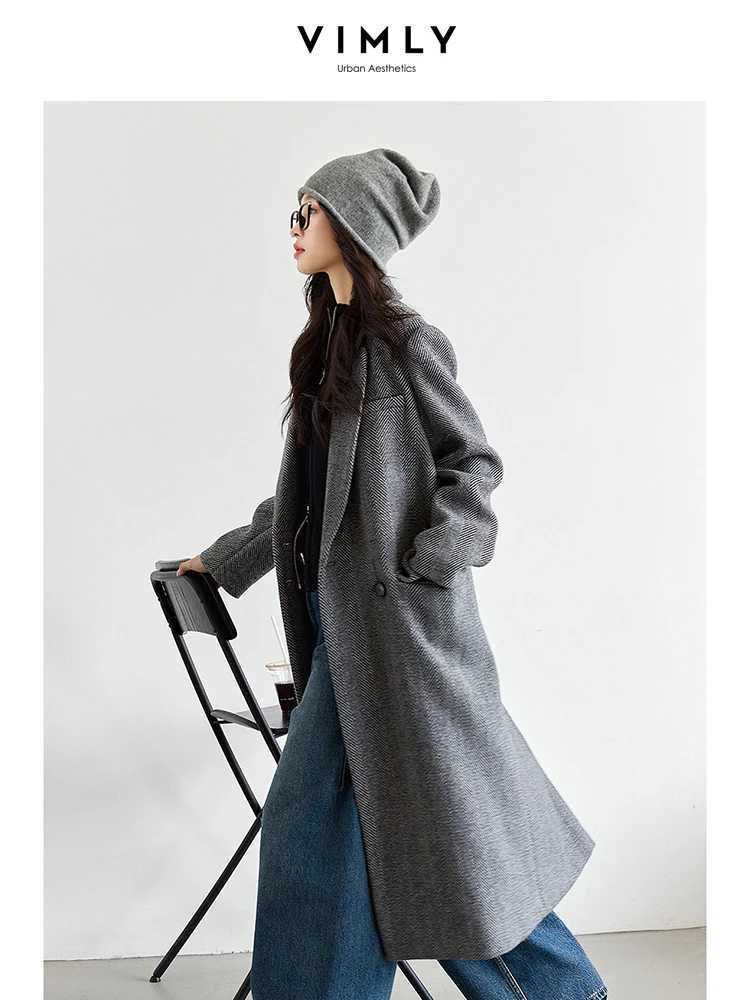VIMLY Women Elegant Wool Blend Long Blazer Coat FallWinter Thick Warm Simple Double Breasted Overcoat Office Lady OuterwearsT251101