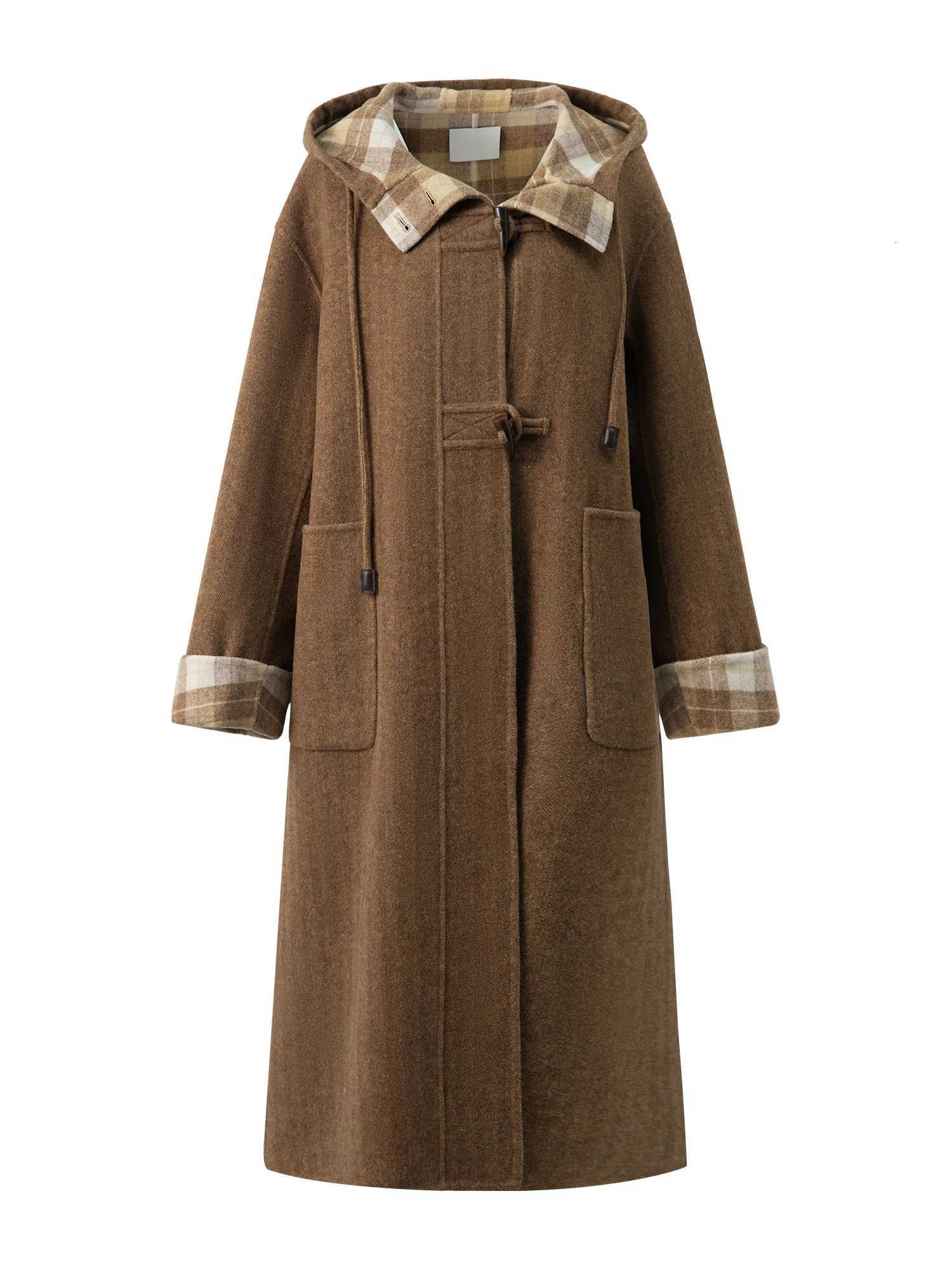 ZIQIAO 2025 Winter Womens Petite British Style Horn Button Wool Blend Coat Vintage Long Coat Warm Double Breasted OuterwearT251101