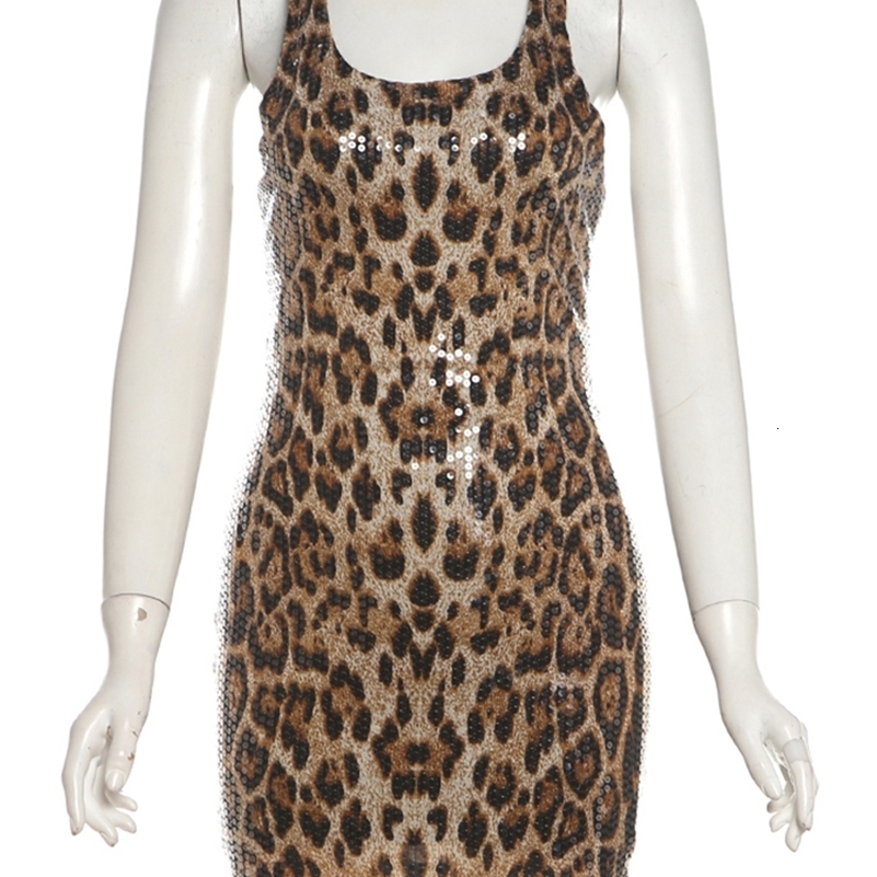 Nibber Tight Tank Dress Women Sequin Leopard Sequins Summer Trend Stretch Low-Neck Skinny Streetwear Birthday Party Mini Bodycon 250324