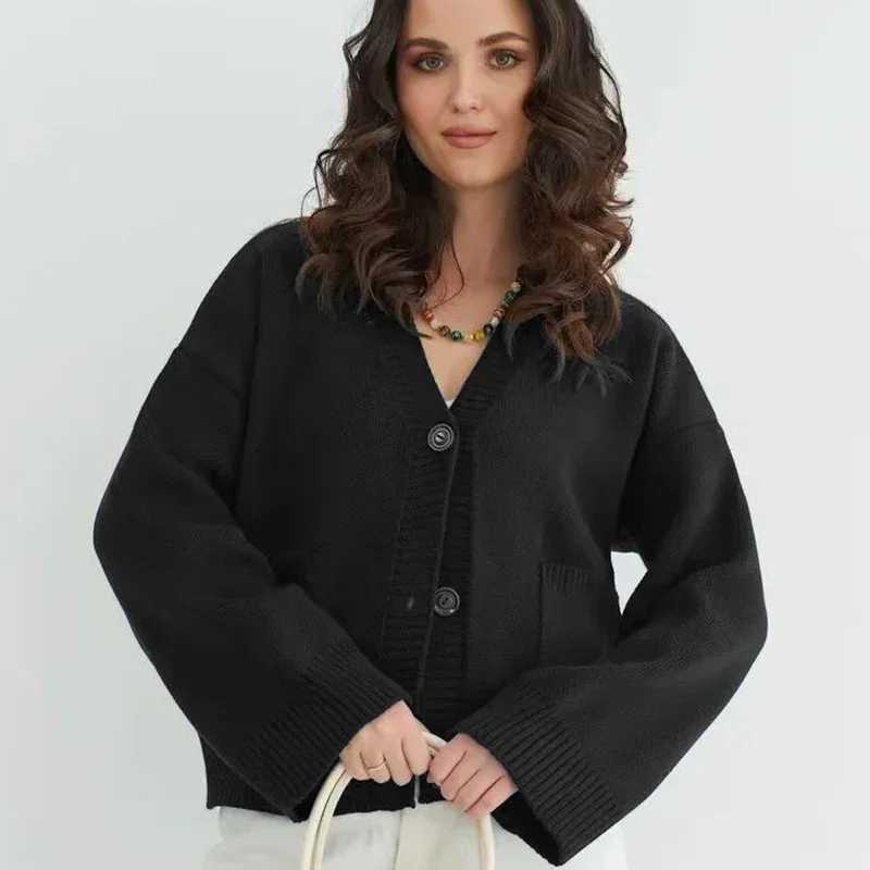 Yellow Knit Single Breasted Cardigan for Women Spring Autumn Loose VNeck Sweater Coat Woman Warm Pockets Long Sleeve CardigansT251101