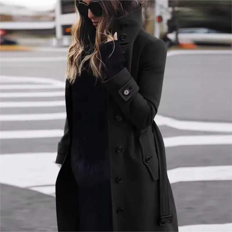 Autumn Winter New Woolen Coat Womens Slim Fit Cardigan Large Coat Women Long Sleeve Single Breasted Stand Collar Trench coatsT251101