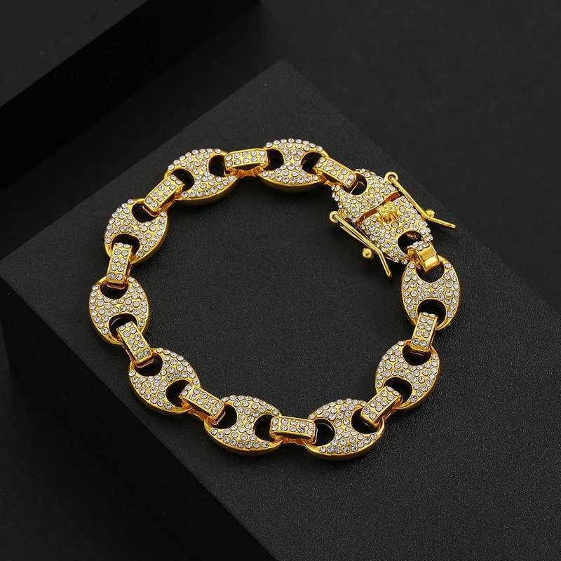 HipHop mens 12mm coffee bean Cuban chain bracelet with sparkling rhinestones set in Miami Cuban chain jewelry Y250329