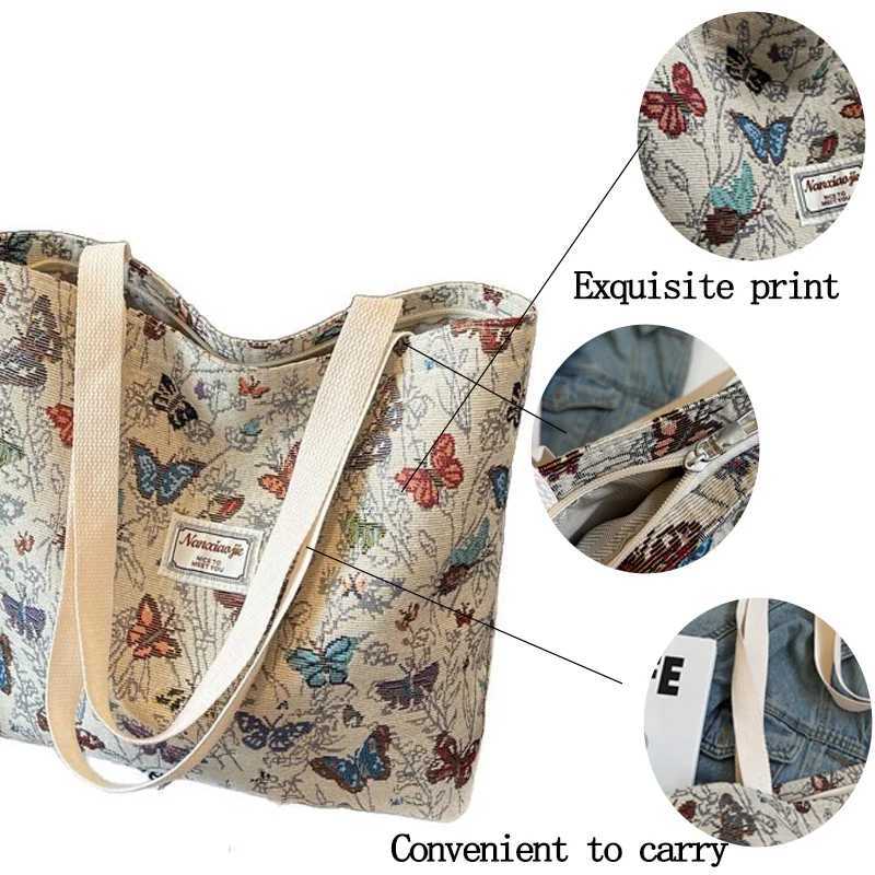 Womens Bag Butterfly Flower Print Embroidery Shoulder Bags Fashionable Canvas Handbags Large Capacity Zipper Shopping BagW251101