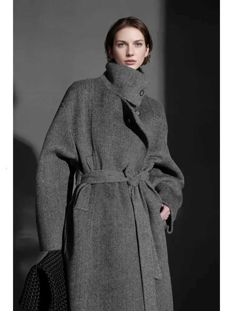 Office Lady Herringbone Alpaca Woolen Jackets 2025 Autumn And Winter Vertical Collar LaceUp Thick Loose Womens Long Wool CoatsT251101