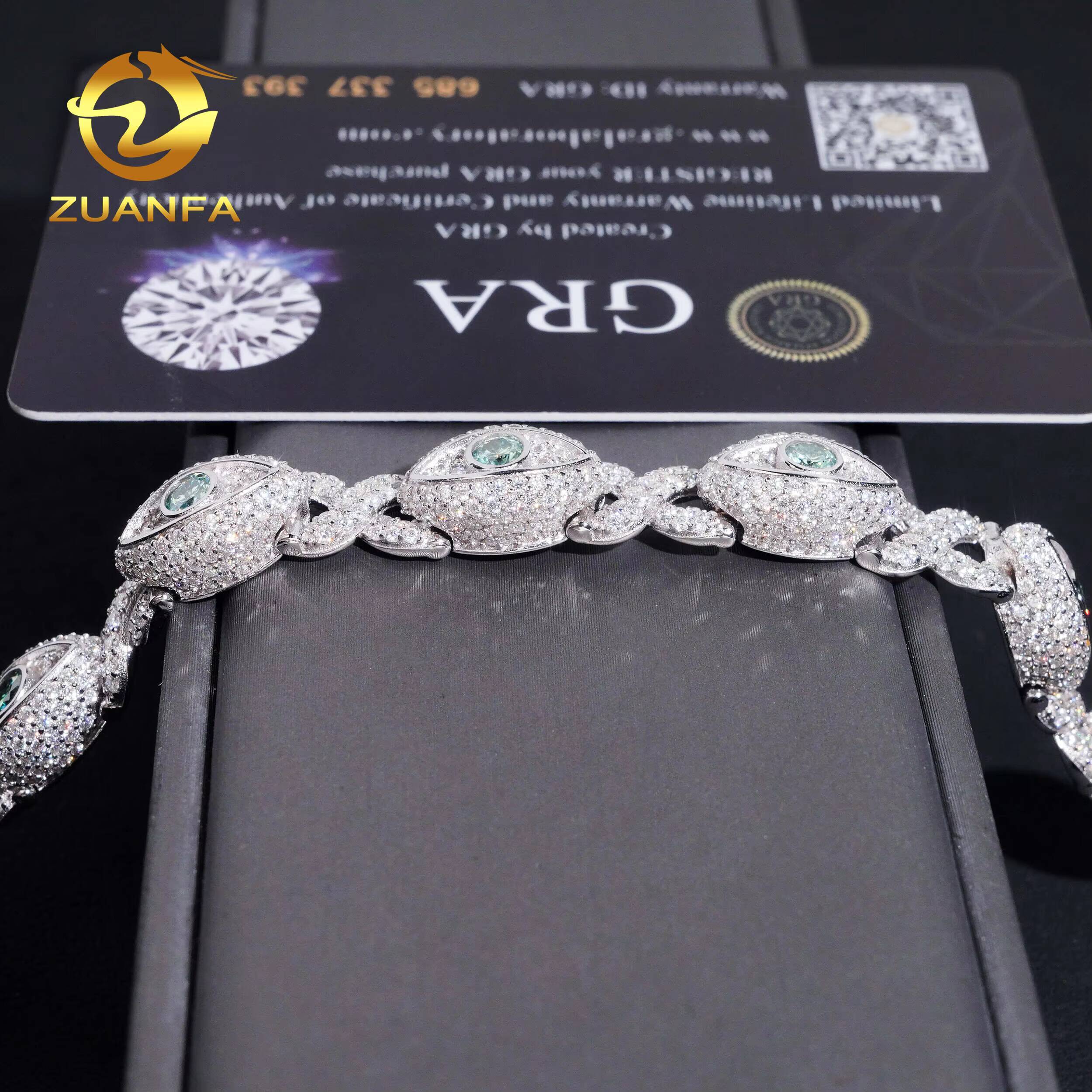 Hip Hop Jewelry 8mm Blue Green Eyes Shape VVS Moissanite Cuban Link Bracelet 925 Silver Moissanite Iced Out Bracelet Men Women