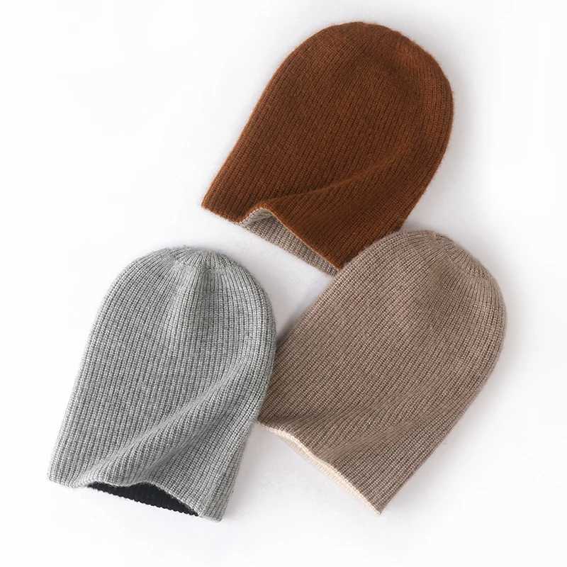 100 Cashmere Double Layer Beanie Hat Double Sided Knit Warm Winter Two Tone Reversible Multi Color Versatile Headwear CapXJ251101