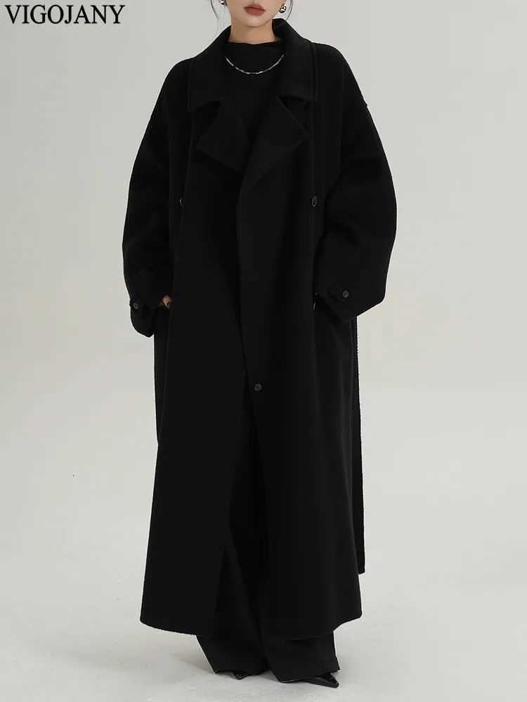 Winter Women Loose Nature 100 Wool Long Coat 2025 Casual Doublebreasted Cashmere Jacket Lady Black Long Sleeve Woolen CoatT251101