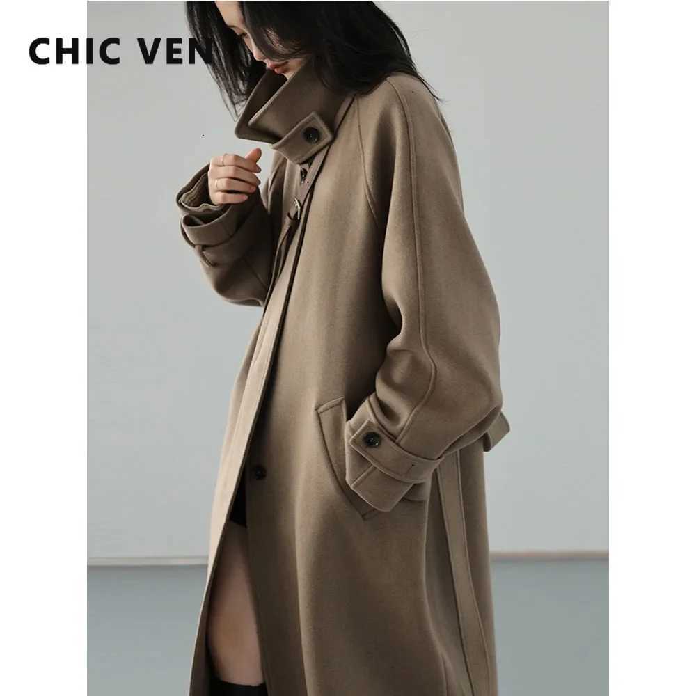 CHIC VEN Women Long Trencn Coat Standing Belt Lace Up Woolen Coat Raglan Sleeves Long Overcoat Office Lady Autumn Winter 2023T251101