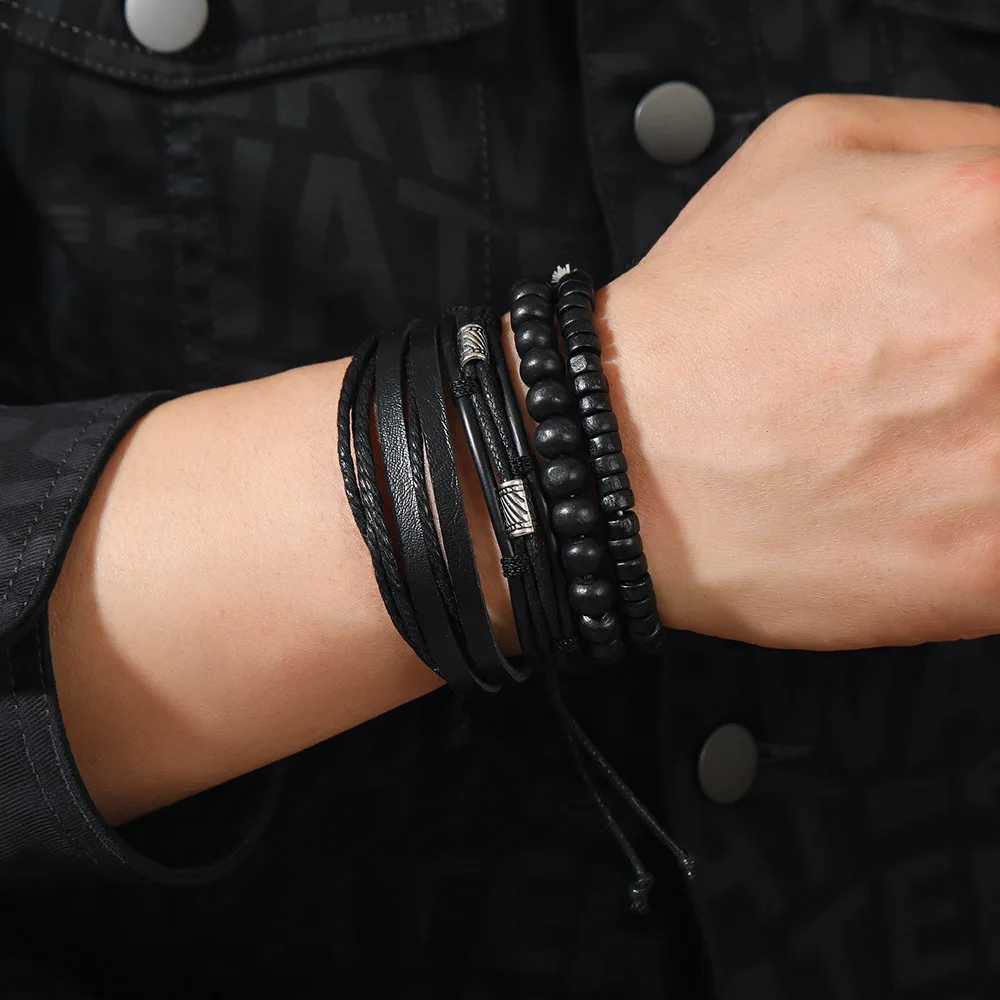 Leather Bracelet Mens Hand Woven Beaded Leather Bracelet Multi Layer Set with Adjustable Bracelet Charm Bracelet Mens Accessories Y250329
