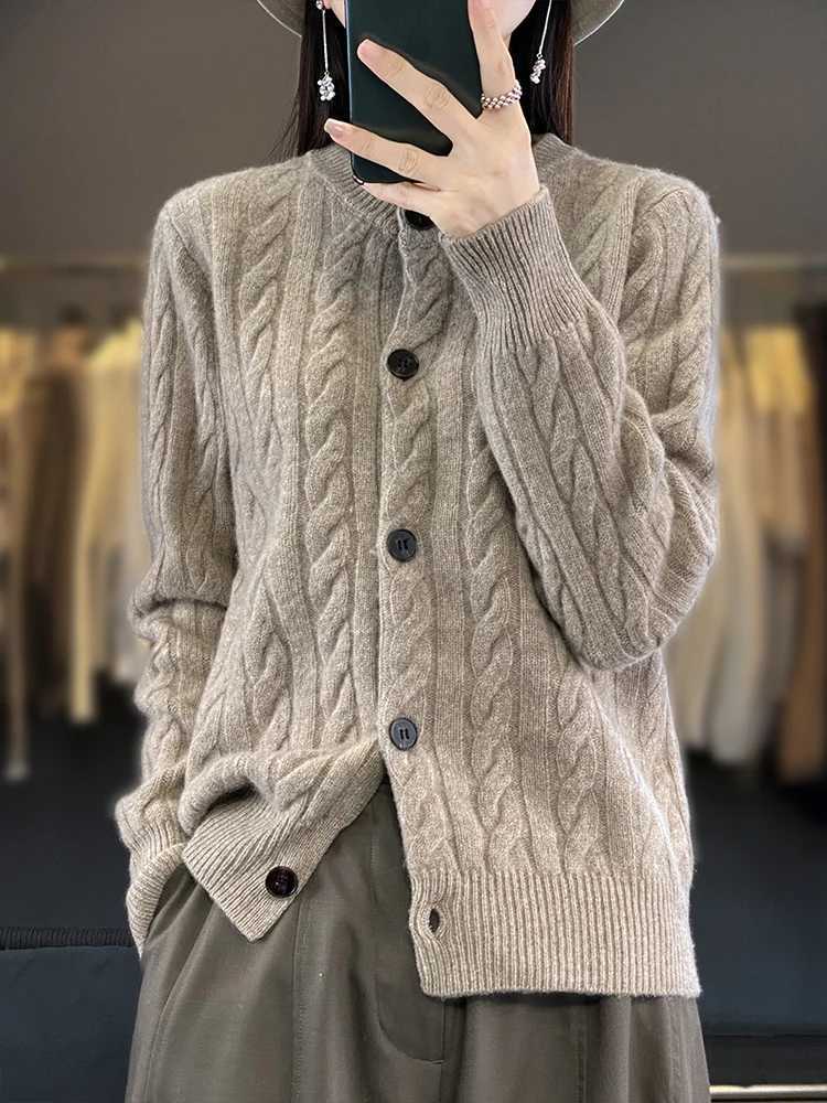 Womens Autumn Winter New Collection 100 Cashmere Knit Cardigan Sweater Twisted Flower Round Neck Cashmere Sweater Lazy StyleT251101