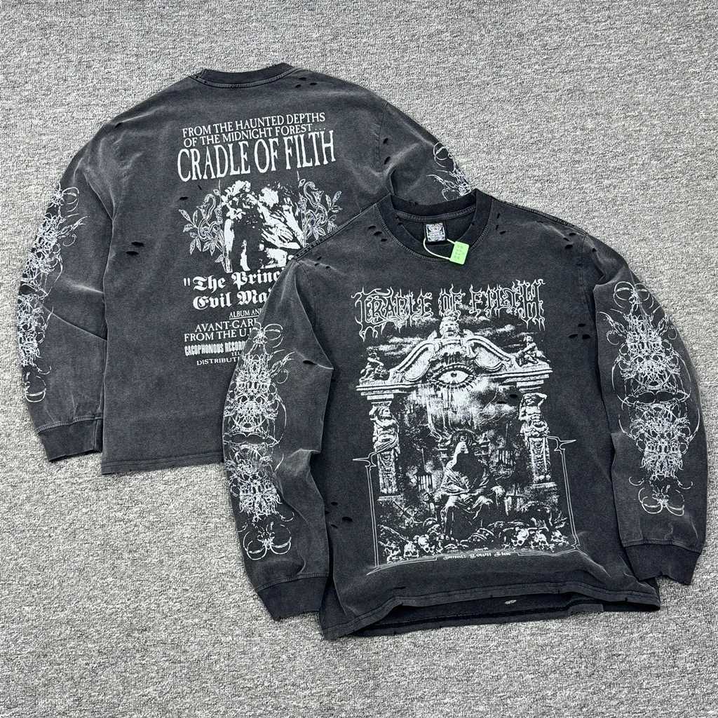 SAINT OF MICHAEL American Style Fashion Streetwear Vintage Hole Long Sleeves Tee Loose Oversized Tops 100Cotton T Shirt Men L251031