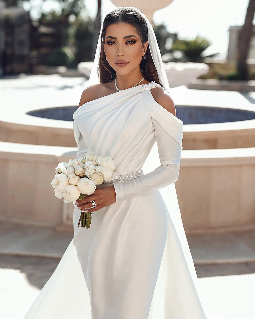 Graceful Mermaid Wedding Dresses Long Sleeves Bridal Gowns With Detachable Train Pleated One Shoulder Neckline Satin Vestido De Novia