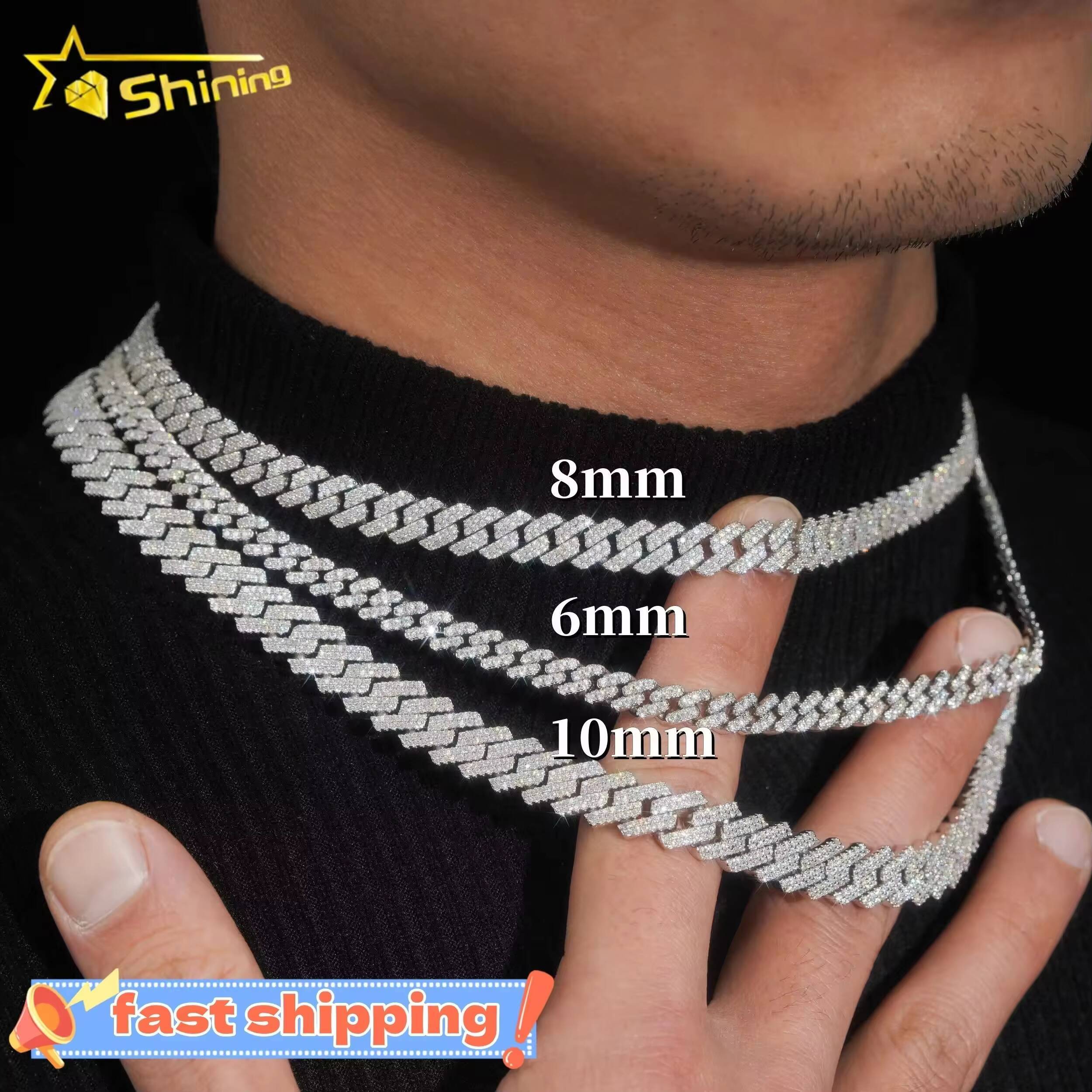 RTS Hot Selling Pass Diamond Tester 925 Silver 6mm 8mm 10mm Two Rows Iced Out Hip Hop VVS Moissanite Diamond Cuban Link Chain