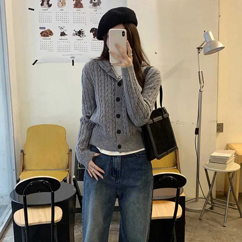 Gray Twist Knitted Cardigan Jacket Women Autumn New Vintage AllMatch Hooded Sweater Coat Fashion Single Breasted Hoodies WomanT251101