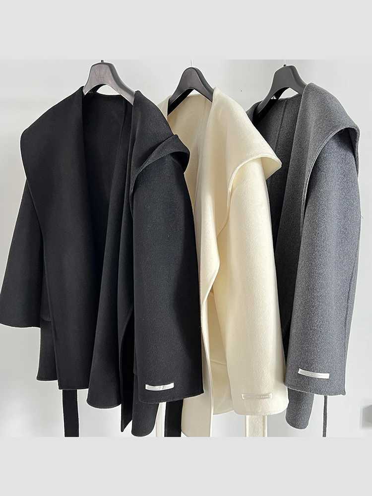 Office Lady Short Woolen Jackets 2024 Autumn And Winter Hooded Loose DoubleSided LaceUp Womens 100 Wool Coats OuterwearT251101