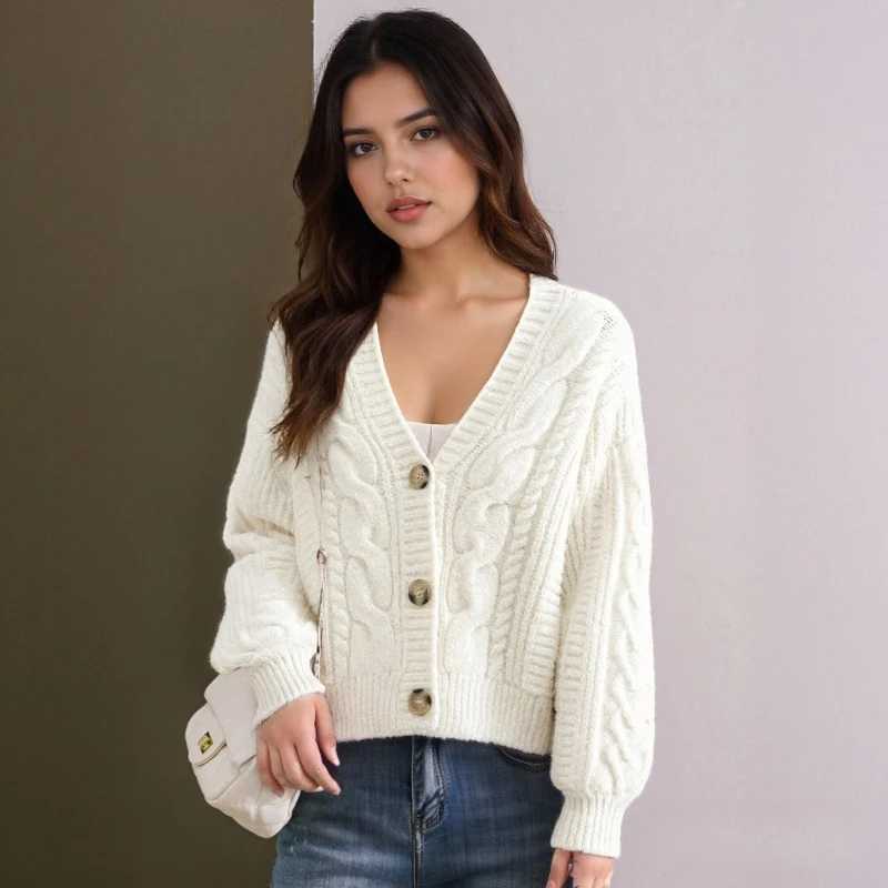 Korean Style Retro Loose Knitted Jackets New V Neck Twist Short Cardigan Sweater Elegant Office Coat Autumn Womens KnitwearT251101