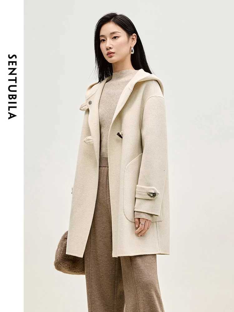 SENTUBILA Double Sided 100 Woolen Coat 2025 Winter Midlength Straight Bull Horn Buckle Female Hooded Outwear W44O55979T251101