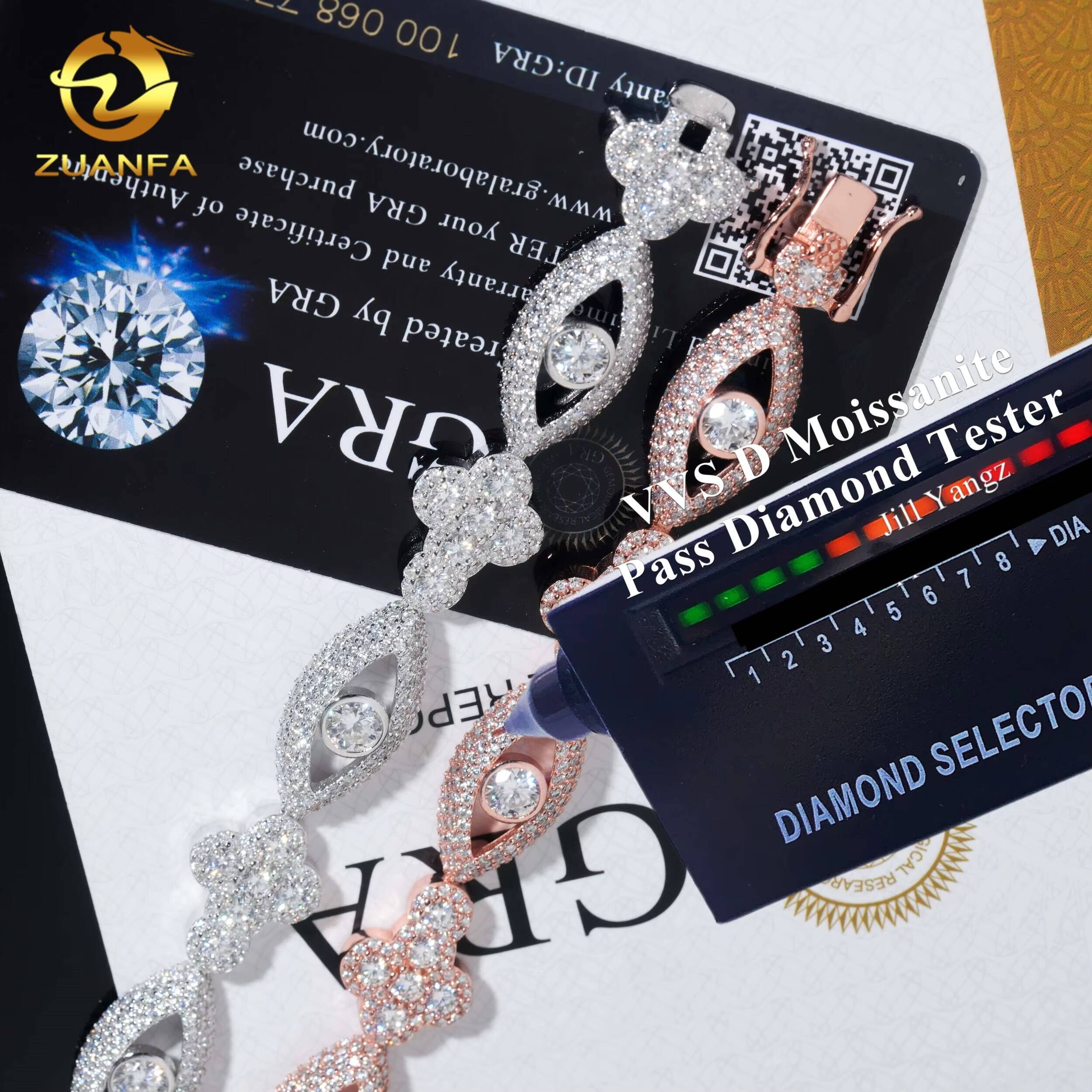 Perforated Design Evil Eyes Moissanite Bracelet 126mm Cross Cuban Link Chain 925 Sterling Silver Moissanite Cuban Link Bracelet