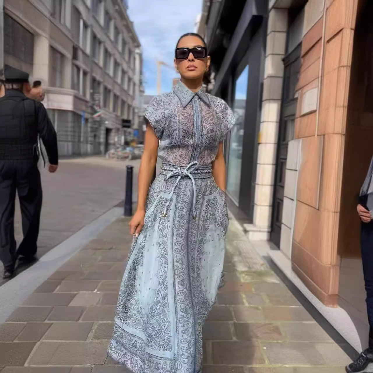 2023 Autumn/Winter New Fashion Show Printed Positioning Two Piece Set High End Shirt Top Tie Up Long Half Skirt