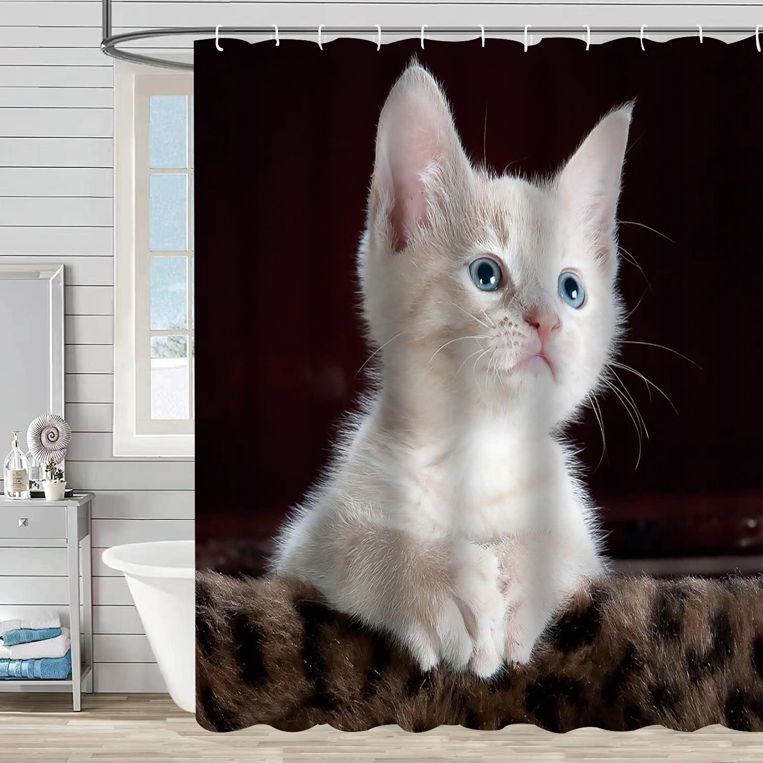 YL-37610 3D Digital Shower Curtain for Kitty Bathing, Bathroom Dry and Wet Separation, Polyester with Hooks, Isolation Curtain