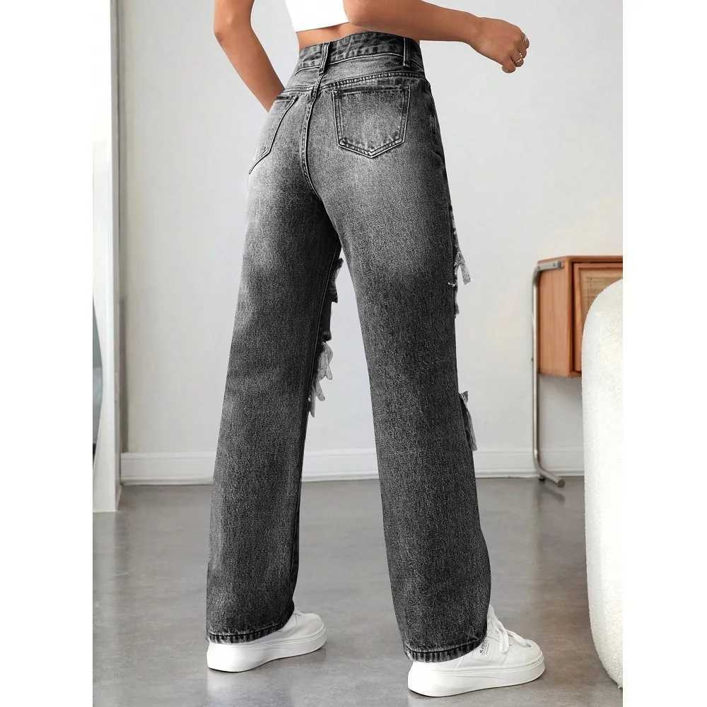 Women Straight Denim Jeans Ladies High Waist Ripped Hole Streetwear Baggy Pants J251031