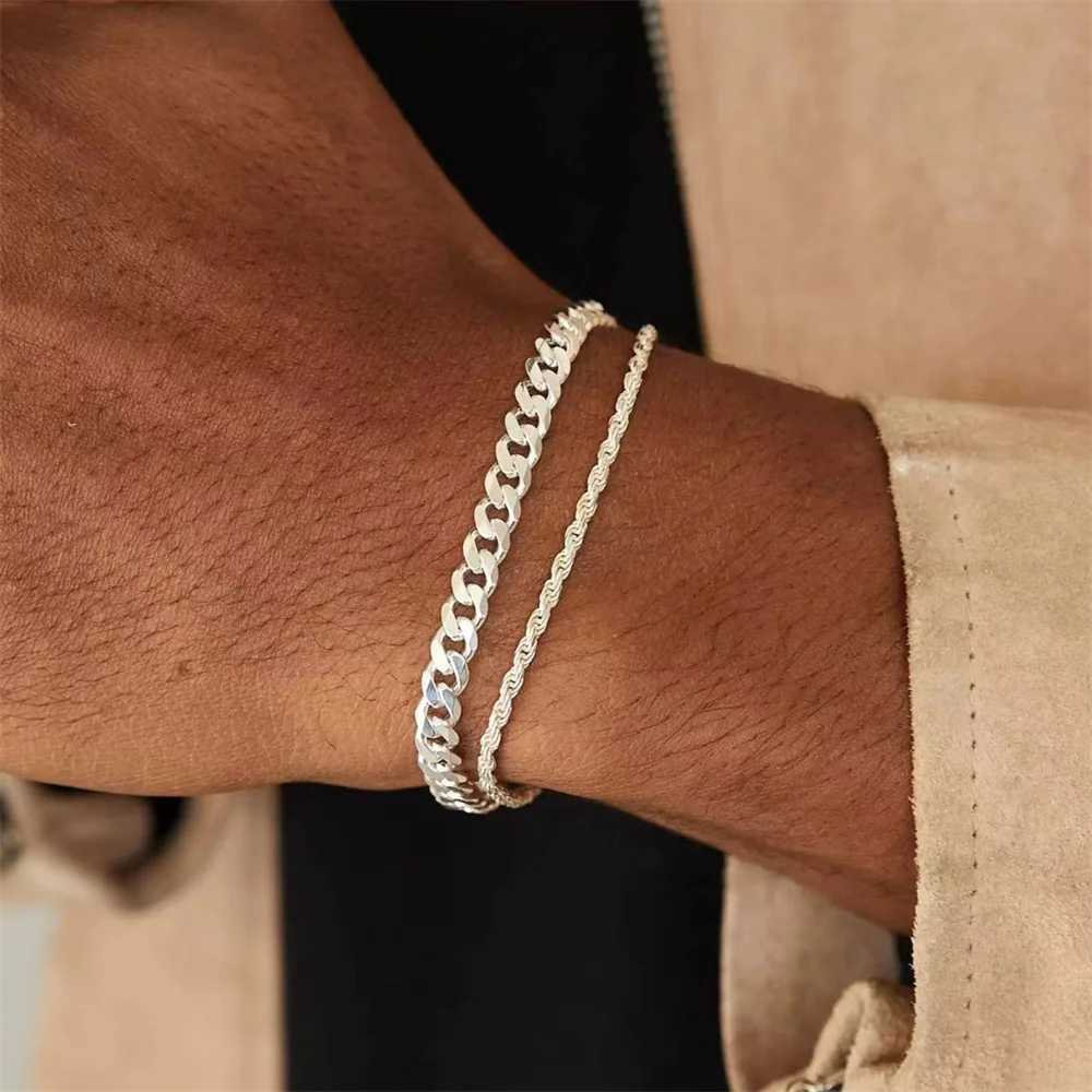Silver mens stainless steel bracelet hip-hop Cuban chain bracelet fashion accessory Y250329