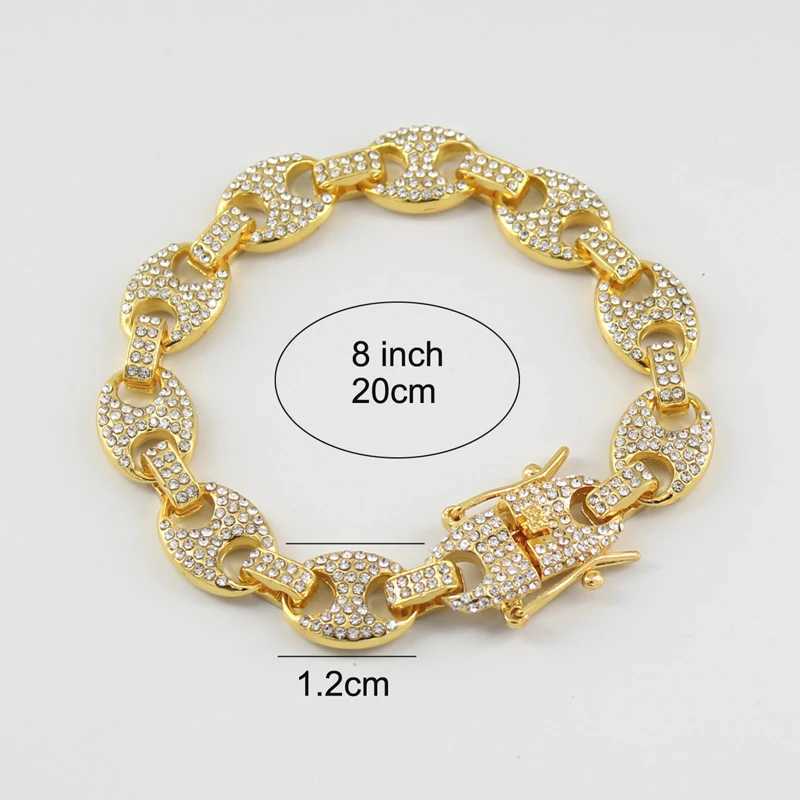 HipHop mens 12mm coffee bean Cuban chain bracelet with sparkling rhinestones set in Miami Cuban chain jewelry Y250329