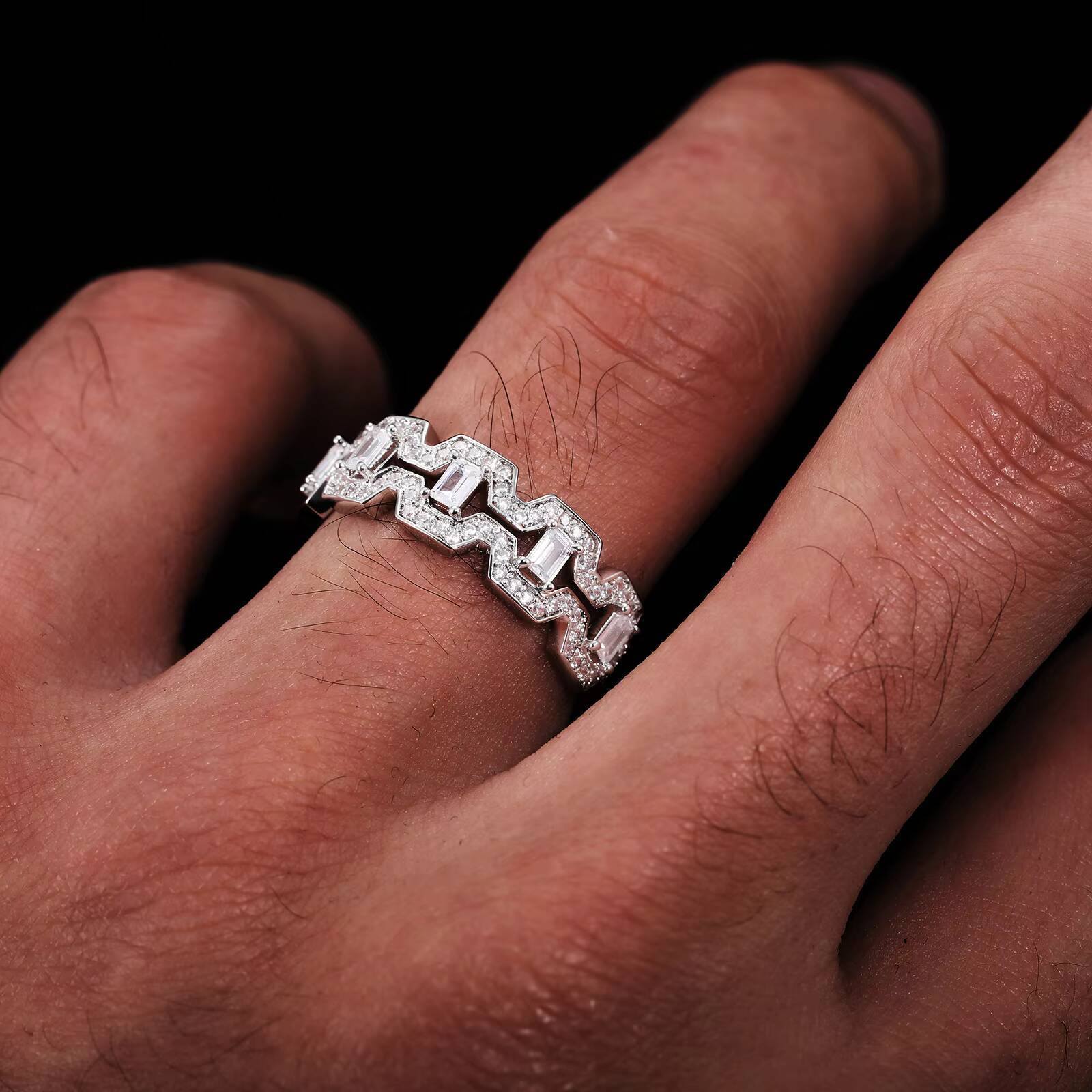 Factory Wholesale Price Bling Hip Hop Jewelry 18k Gold Plated Brass AAAAA Baguette CZ Diamond Wedding Ring for Men