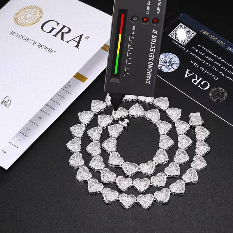 Full Iced Out Diamond 925 Solid Silver 10mm Hip Hop Luxury Baguette Moissanite Heart Link Chain Couple Necklace