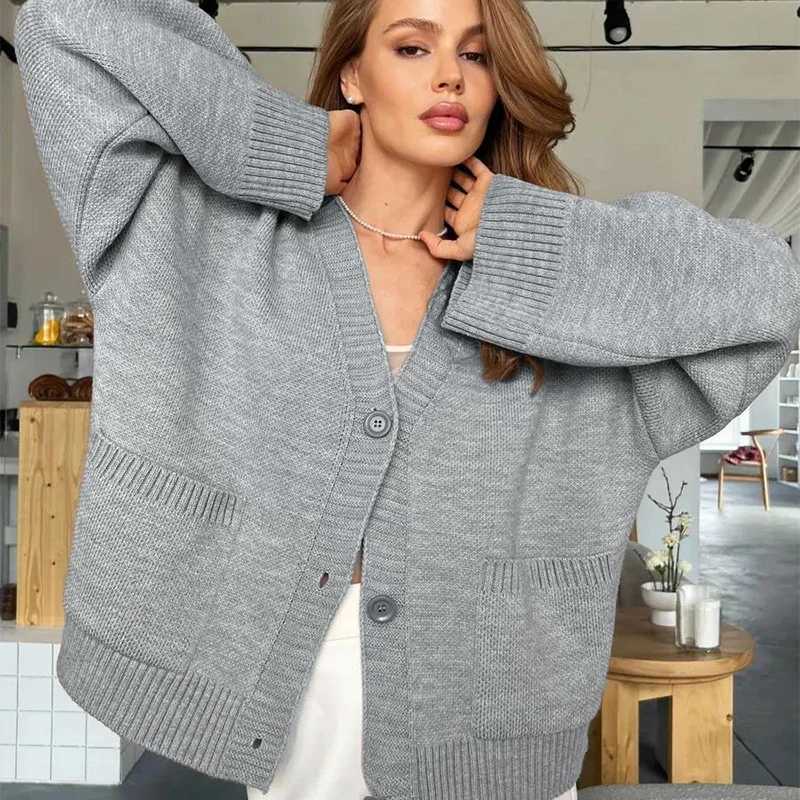 Yellow Knit Single Breasted Cardigan for Women Spring Autumn Loose VNeck Sweater Coat Woman Warm Pockets Long Sleeve CardigansT251101
