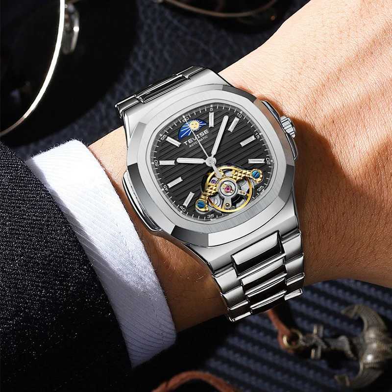 TEVISE New Automatic Mechanical for Men Moon Phase Skeleton Stainless Steel Fashion Waterproof Luminous Hands GiftW251031