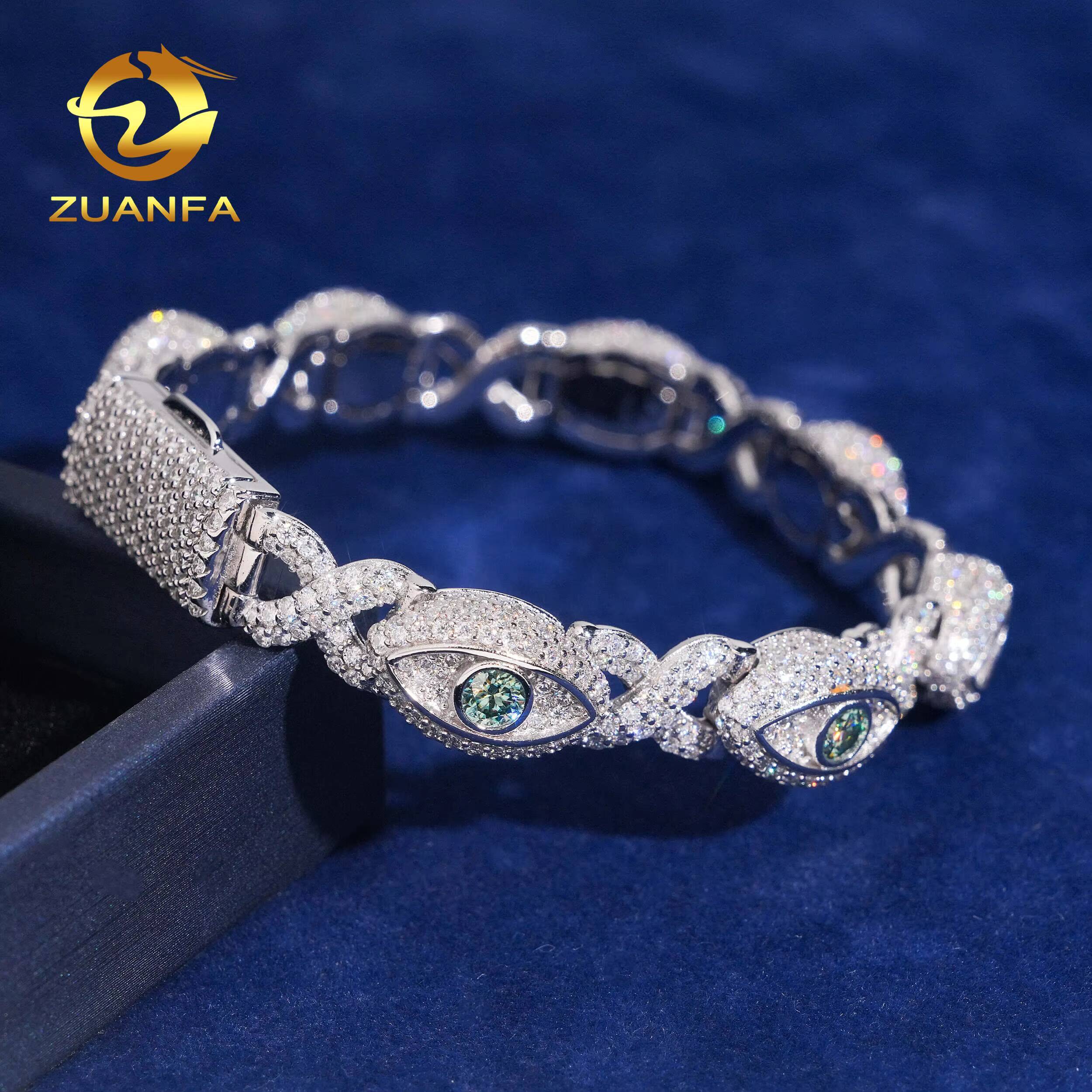 Hip Hop Jewelry 8mm Blue Green Eyes Shape VVS Moissanite Cuban Link Bracelet 925 Silver Moissanite Iced Out Bracelet Men Women